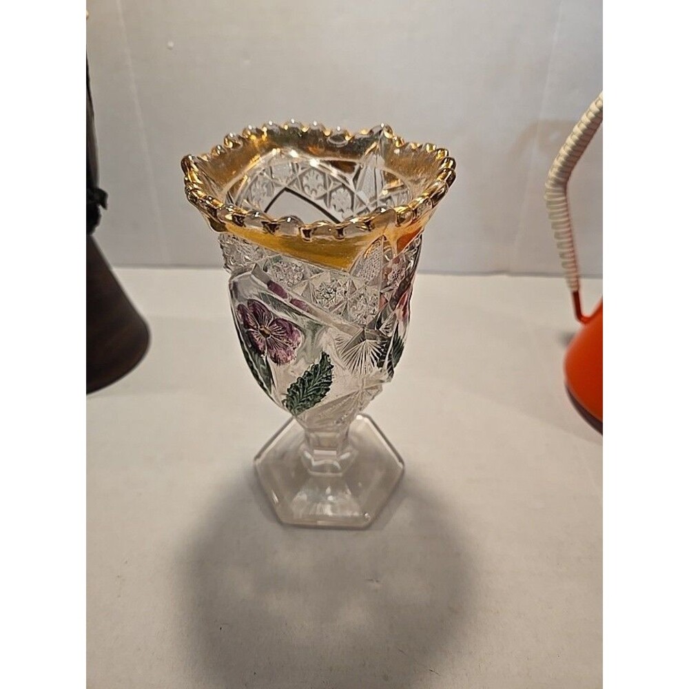 Vintage EAPG Scalloped Vase - Hand-Painted Purple Pansy & Gold Flash Rim
